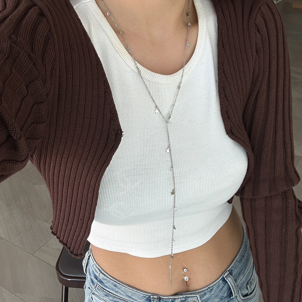 Fashionable commuting pentagram Y-shaped copper chain necklace versatile imitation crystal tassel lock chain