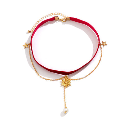 Snowflake pentagram tassel velvet necklace for women, simple imitation pearl Christmas necklace