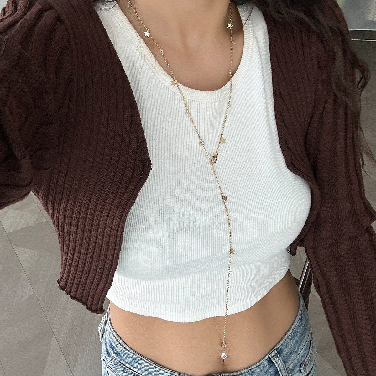 Fashionable commuting pentagram Y-shaped copper chain necklace versatile imitation crystal tassel lock chain