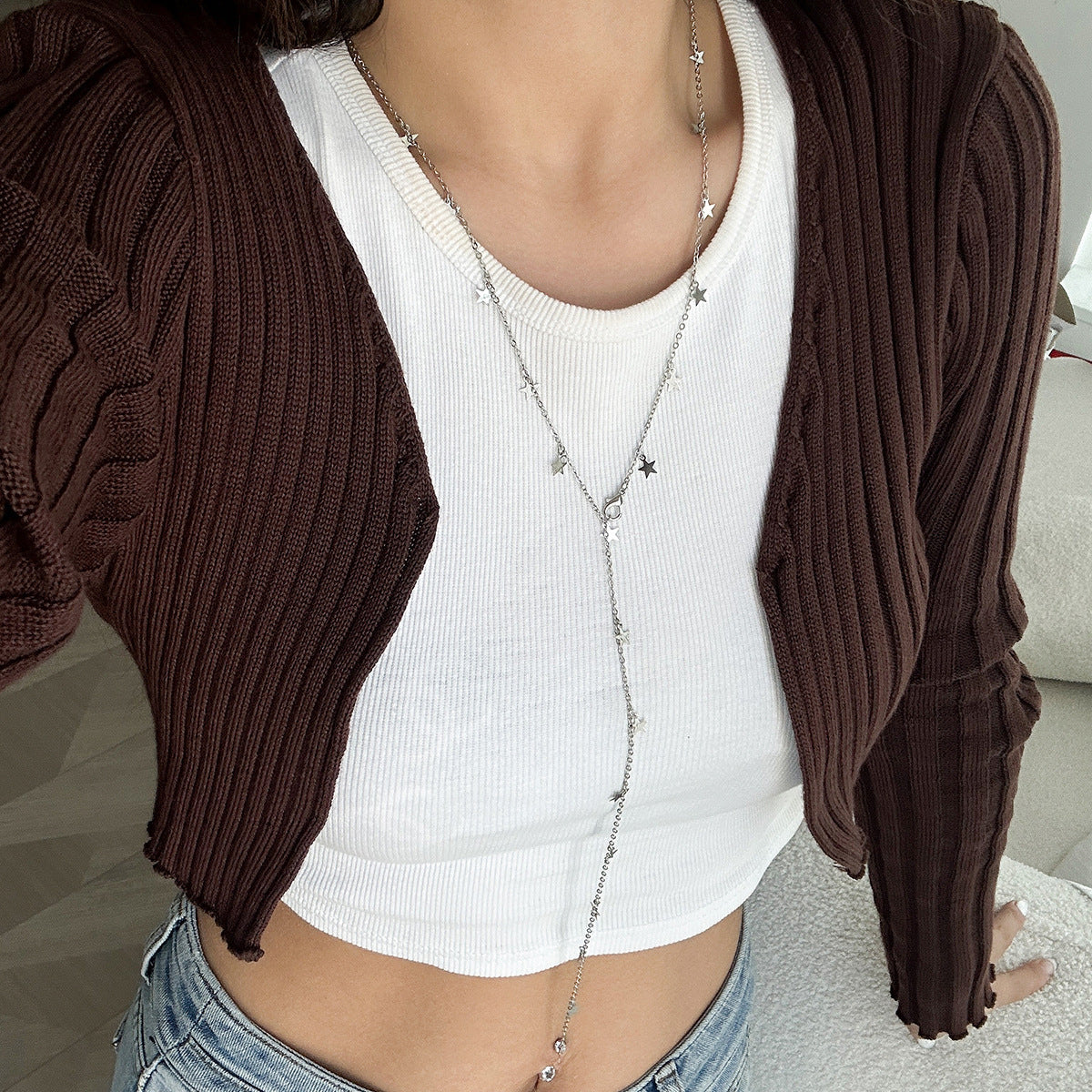 Fashionable commuting pentagram Y-shaped copper chain necklace versatile imitation crystal tassel lock chain