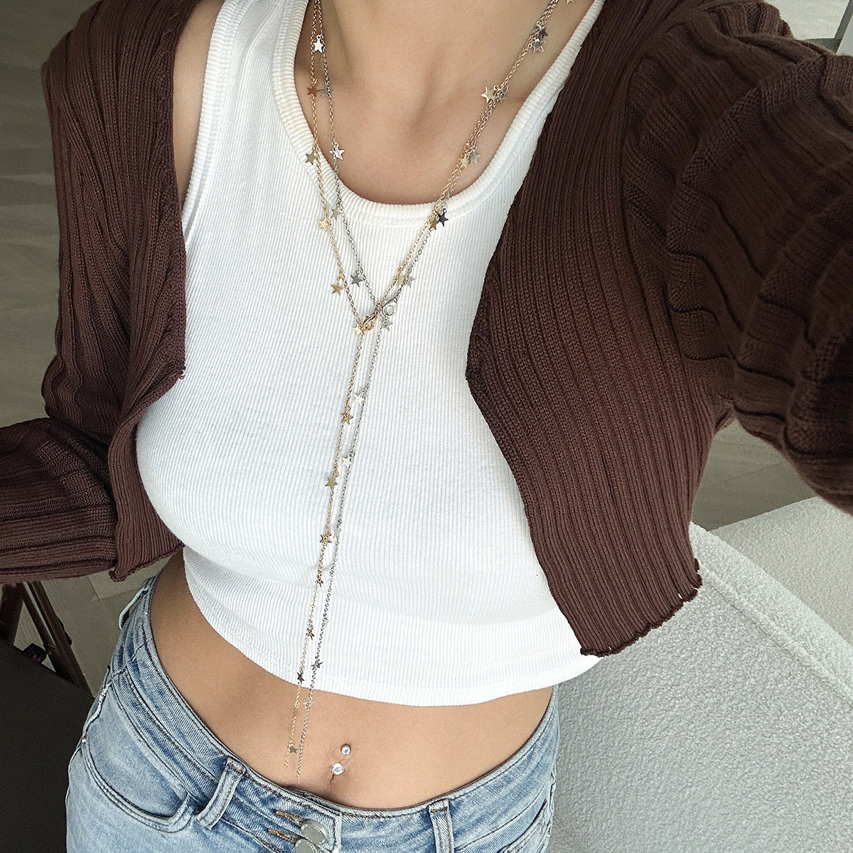 Fashionable commuting pentagram Y-shaped copper chain necklace versatile imitation crystal tassel lock chain