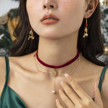 Snowflake pentagram tassel velvet necklace for women, simple imitation pearl Christmas necklace