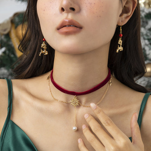 Snowflake pentagram tassel velvet necklace for women, simple imitation pearl Christmas necklace
