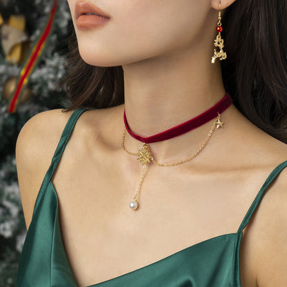 Snowflake pentagram tassel velvet necklace for women, simple imitation pearl Christmas necklace
