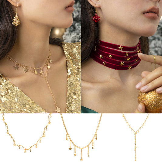 Minimalist thin chain metal necklace creative star shaped tassel pendant Christmas necklace for women